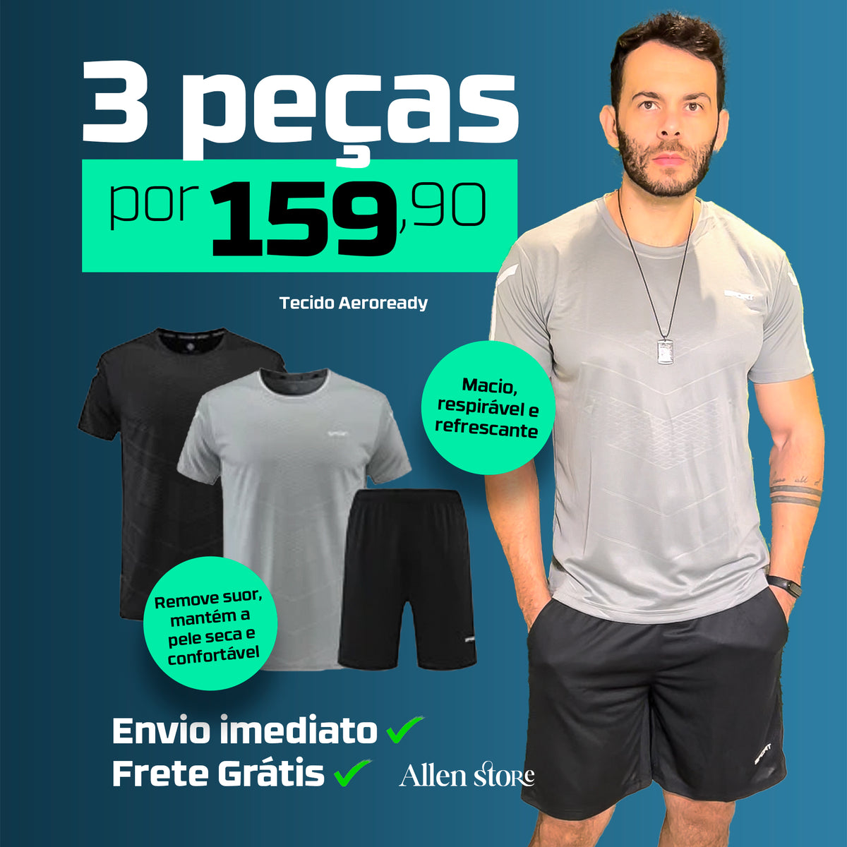 Kit 3 Peças Allen Esporte - Malha Premium Antiodor