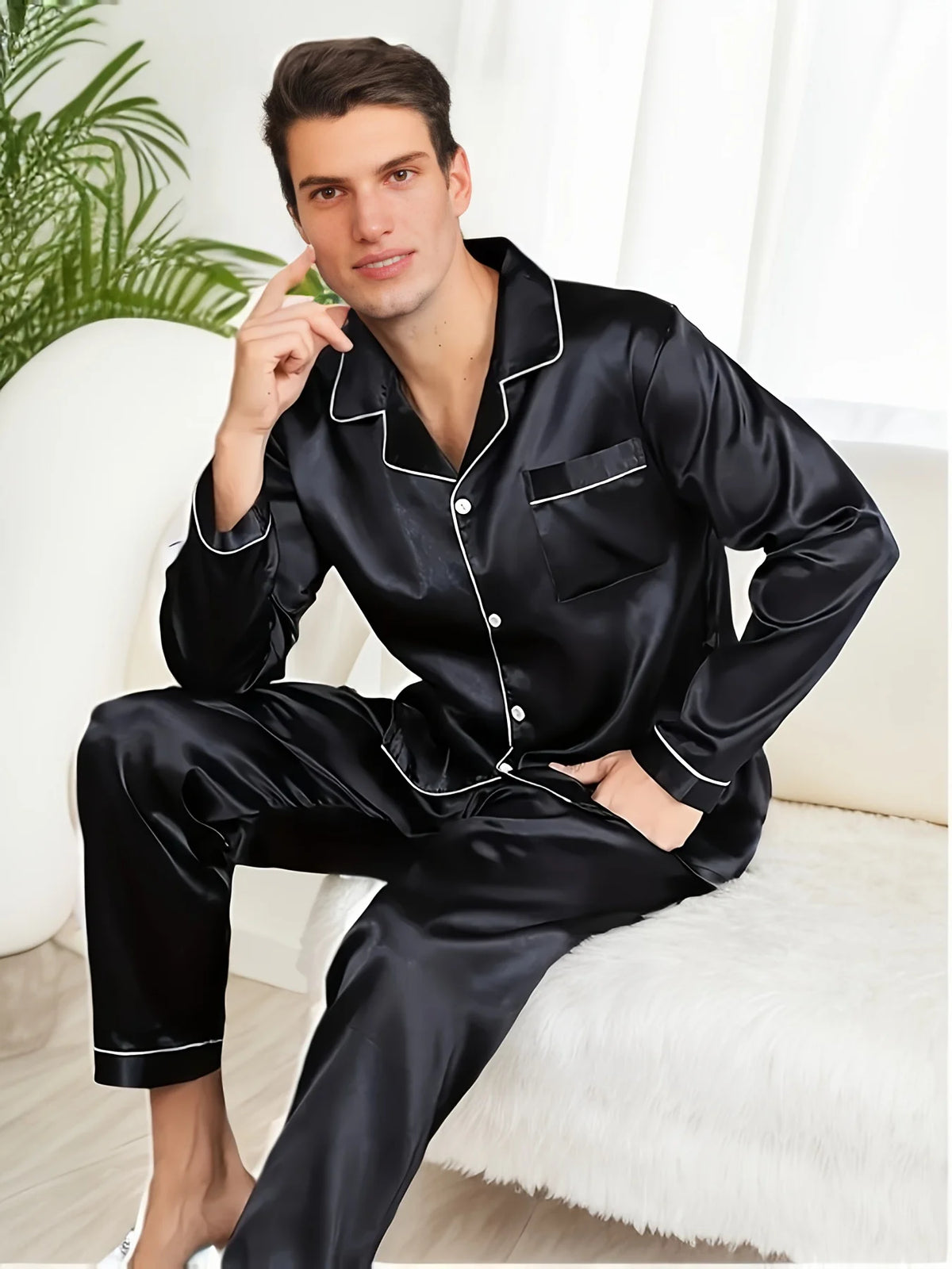 Conjunto de Pijama Cetim de Seda com Manga Comprida