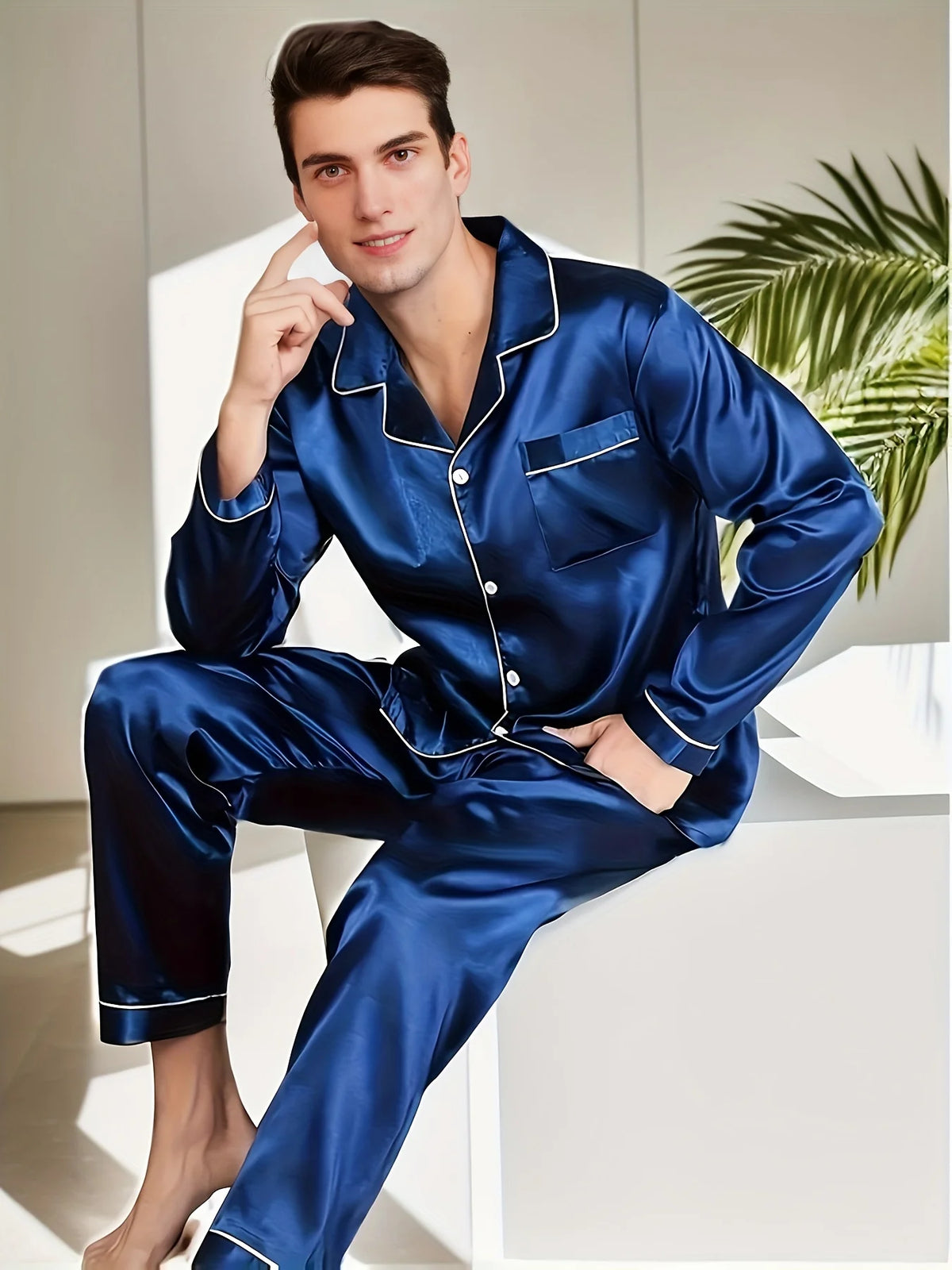 Conjunto de Pijama Cetim de Seda com Manga Comprida