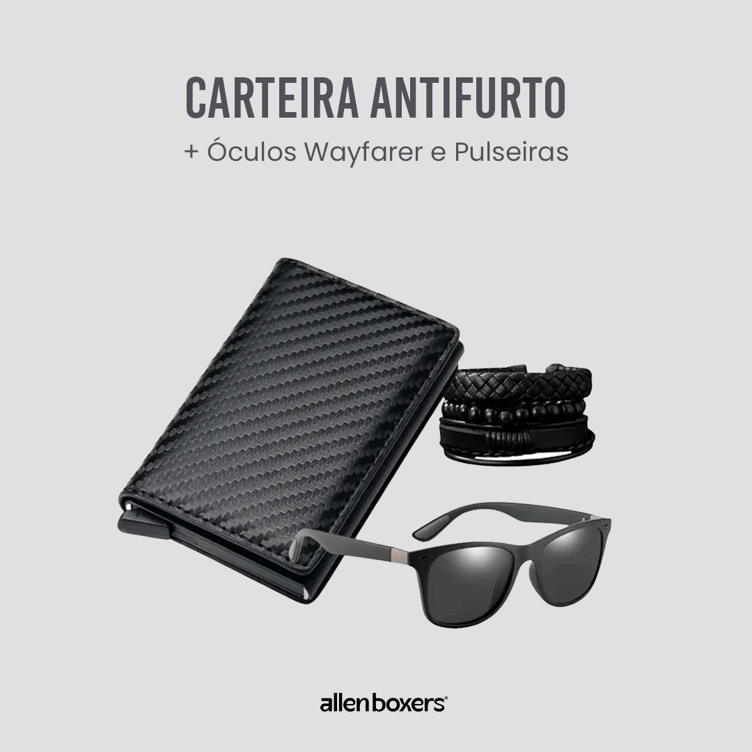 Carteira Slim Antifurto + Ganhe Óculos Wayfarer e Conjunto de Pulseiras